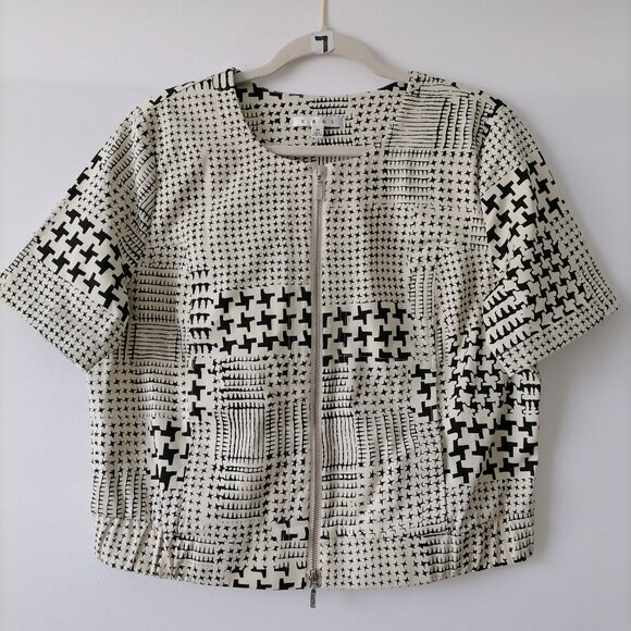 Cabi 931 Womens Coupe Bomber Ivory Black Short Sleeve Houndstooth Jacket Sz M - Picture 1 of 7